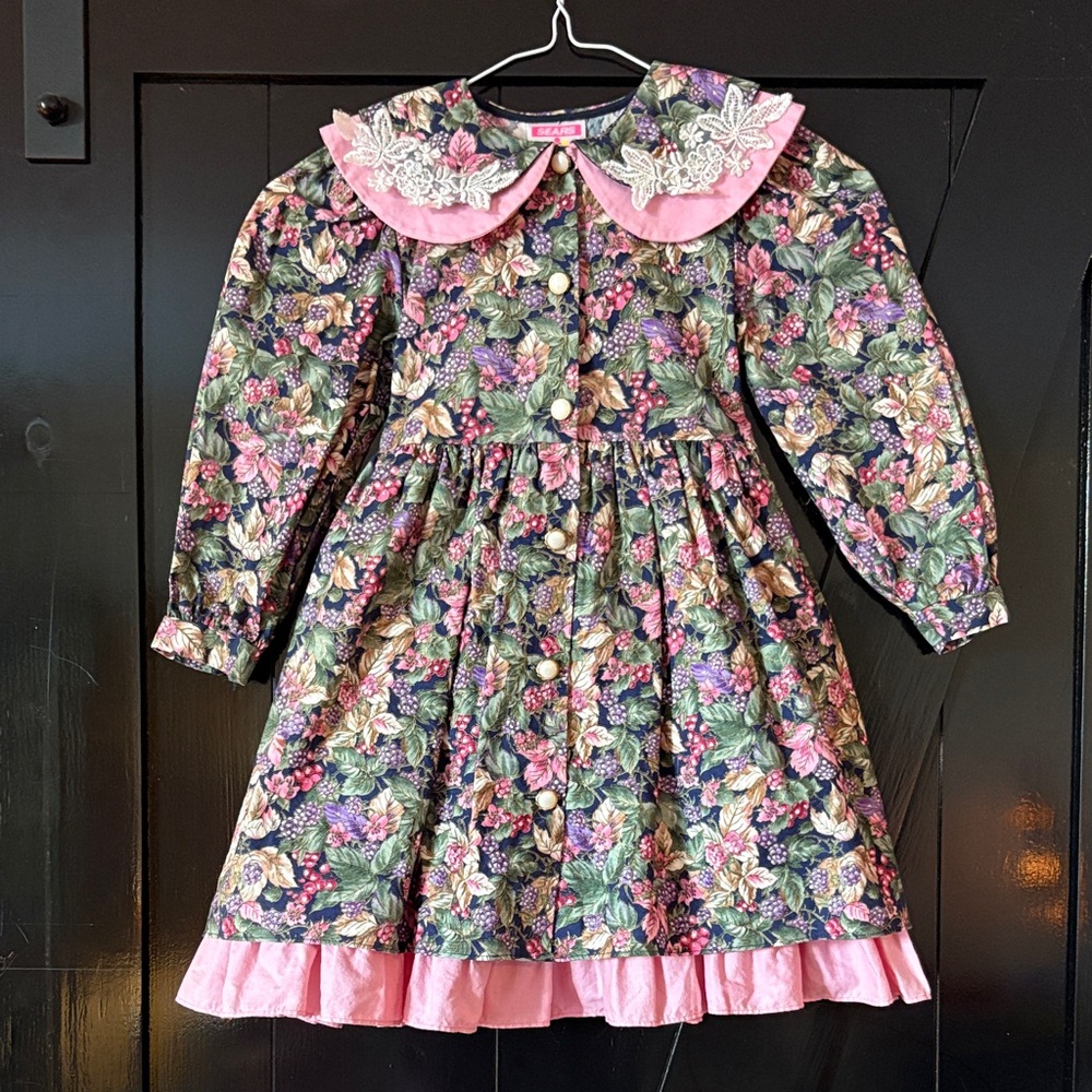 Vintage Cottagecore 100% cotton Sears Floral Kids Dress berries bow 3x